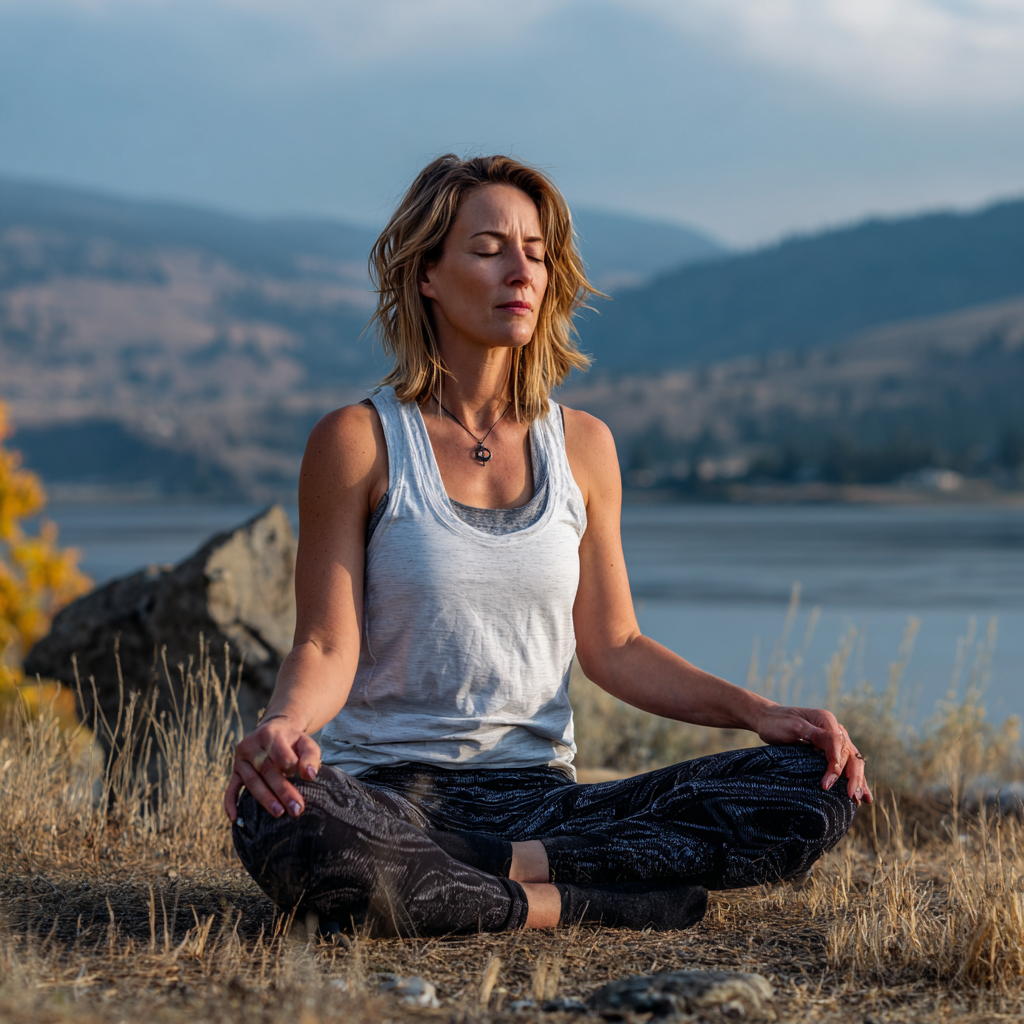 Smiling middle-aged Ukrainian woman practicing yoga in a peaceful outdoor setting, demonstrating body awareness and mindfulness
