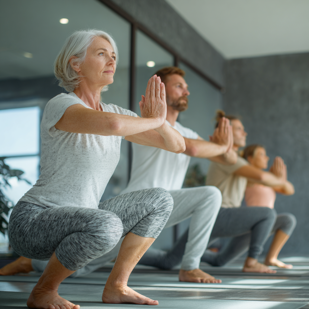 Group of diverse Ukrainian adults of various ages practicing grounding yoga poses outdoors, connecting with earth energy